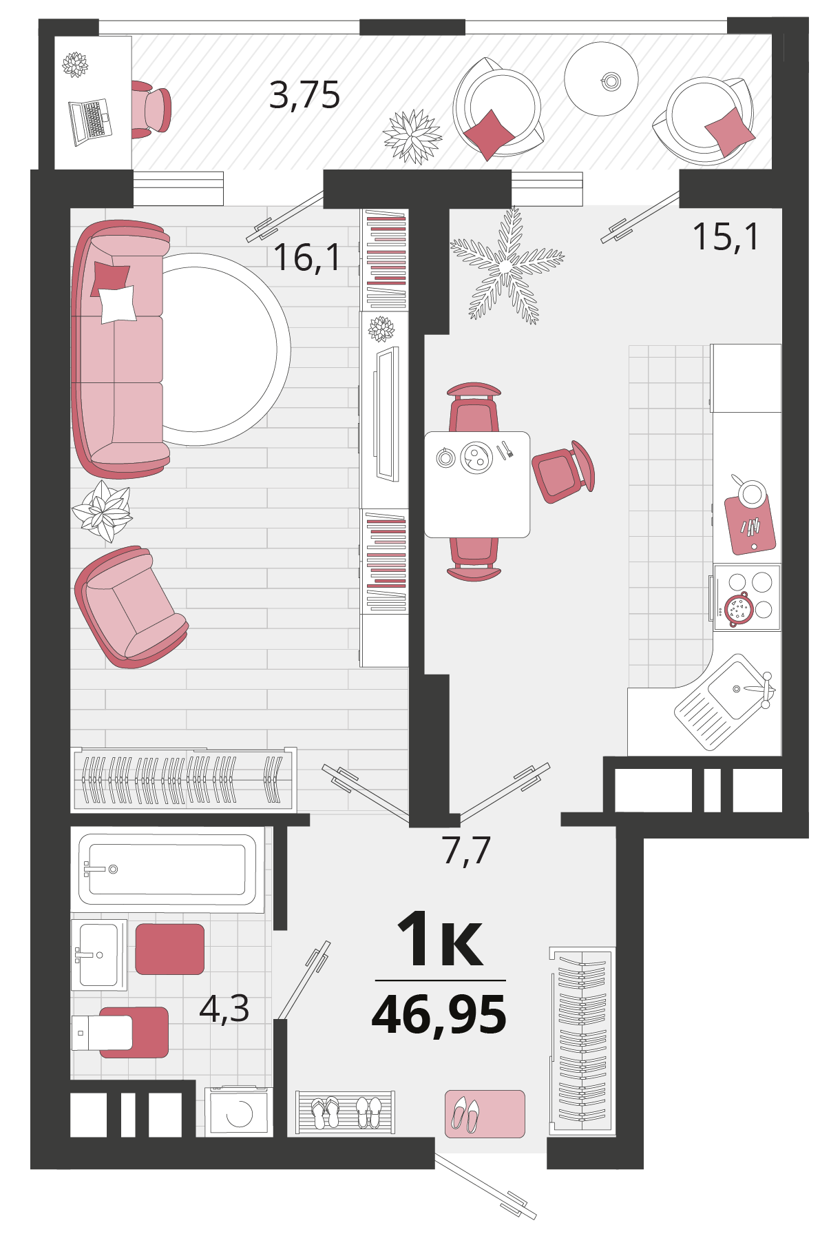 1 комн. квартира, 47 м², 15 этаж 
