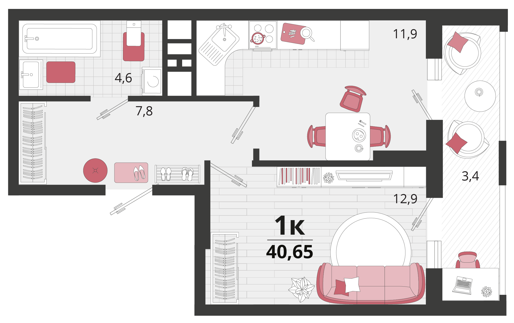 1 комн. квартира, 40.6 м², 2 этаж 