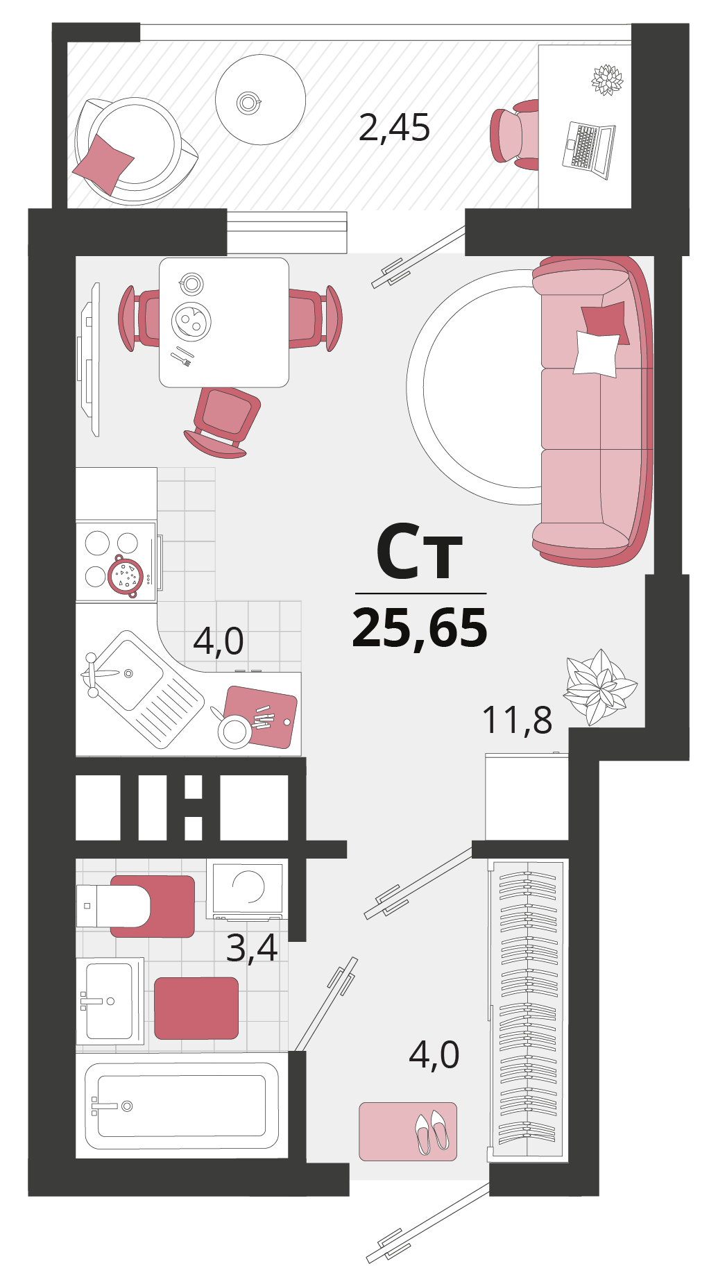 1 комн. квартира, 25.6 м², 3 этаж 