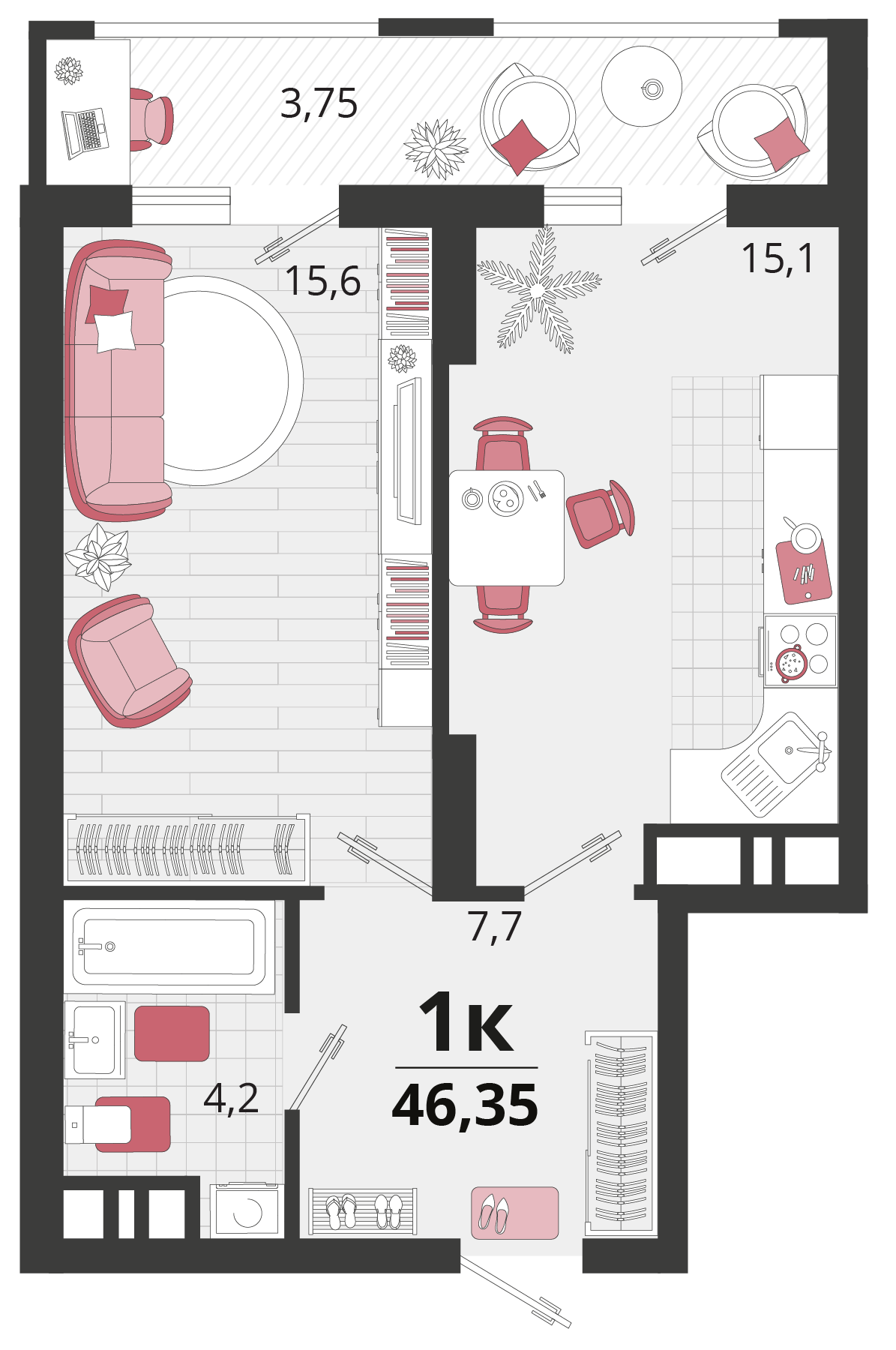 1 комн. квартира, 46.4 м², 2 этаж 