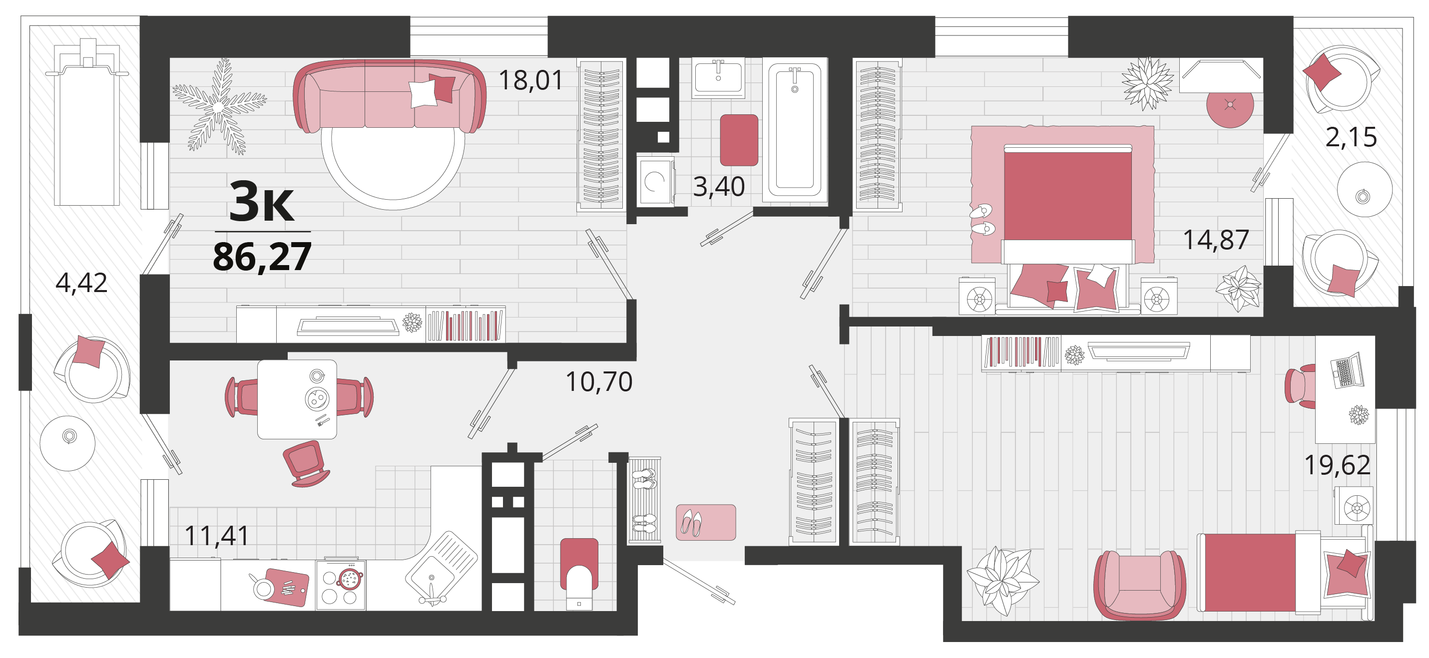 3 комн. квартира, 86.3 м², 16 этаж 