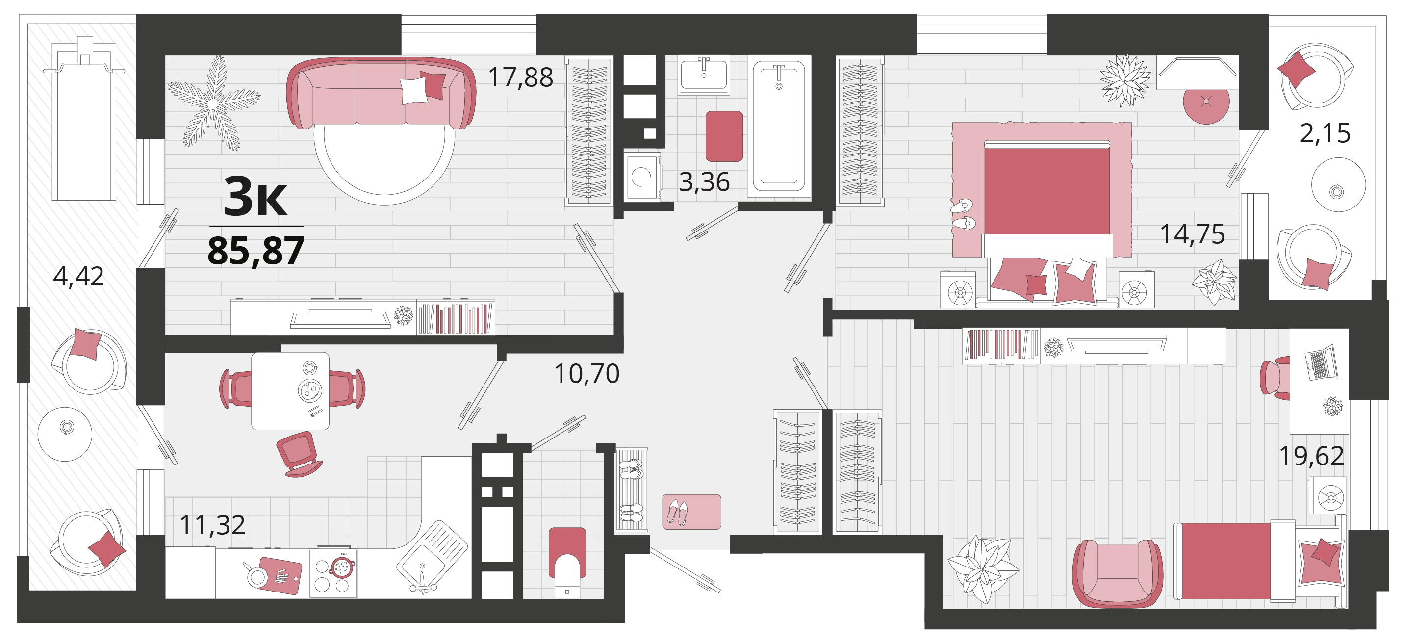 3 комн. квартира, 85.9 м², 2 этаж 