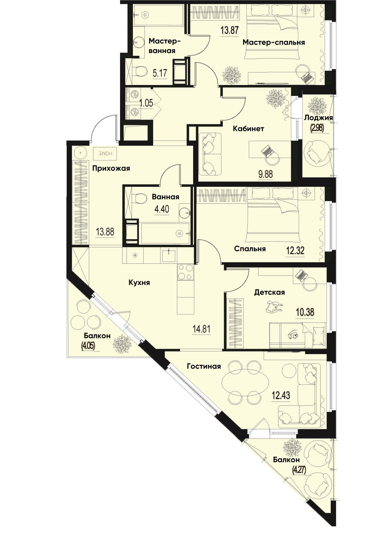 4 комн. квартира, 102.2 м², 12 этаж 