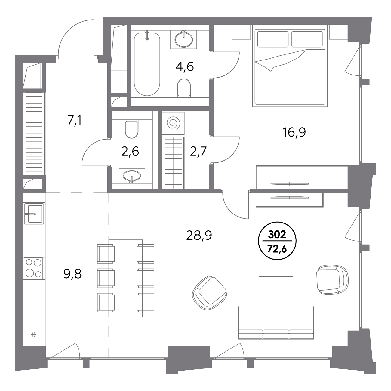 квартира со свободной планировкой, 72.6 м², 7 этаж 
