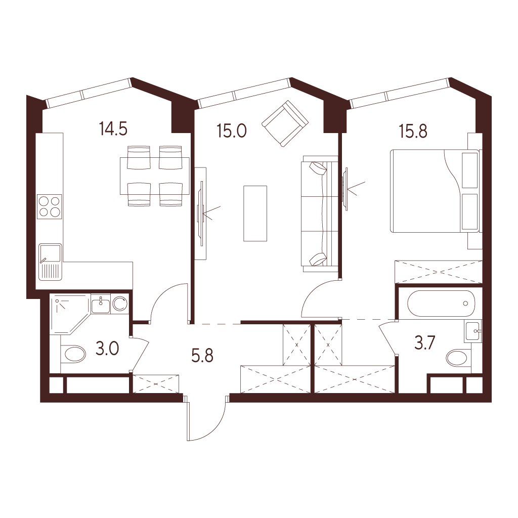 2 комн. квартира, 57.8 м², 21 этаж 