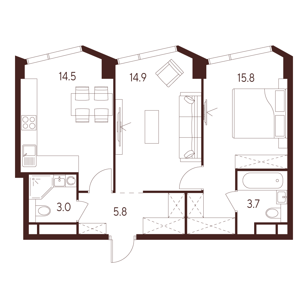 2 комн. квартира, 57.7 м², 22 этаж 