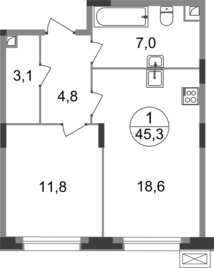 1 комн. квартира, 45.3 м², 1 этаж  (из 9)