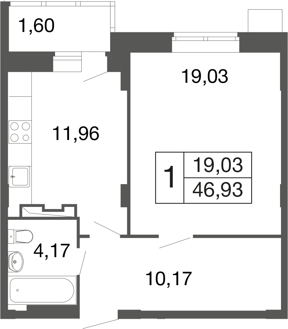 1 комн. квартира, 46.9 м², 1 этаж 