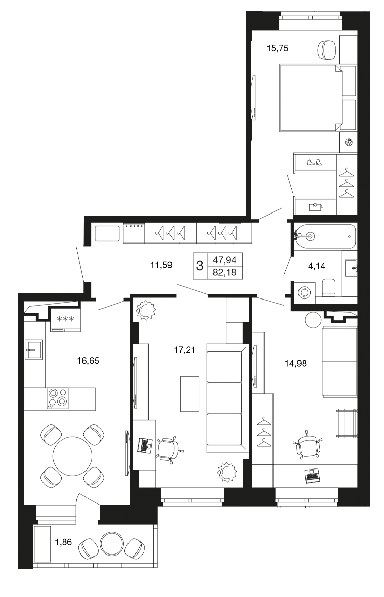 3 комн. квартира, 82.2 м², 5 этаж 