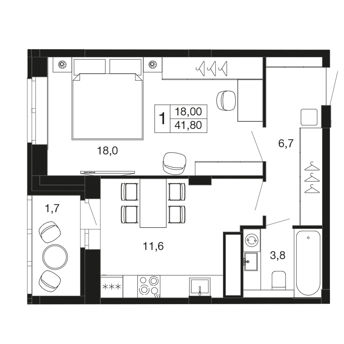 1 комн. квартира, 41.8 м², 4 этаж 