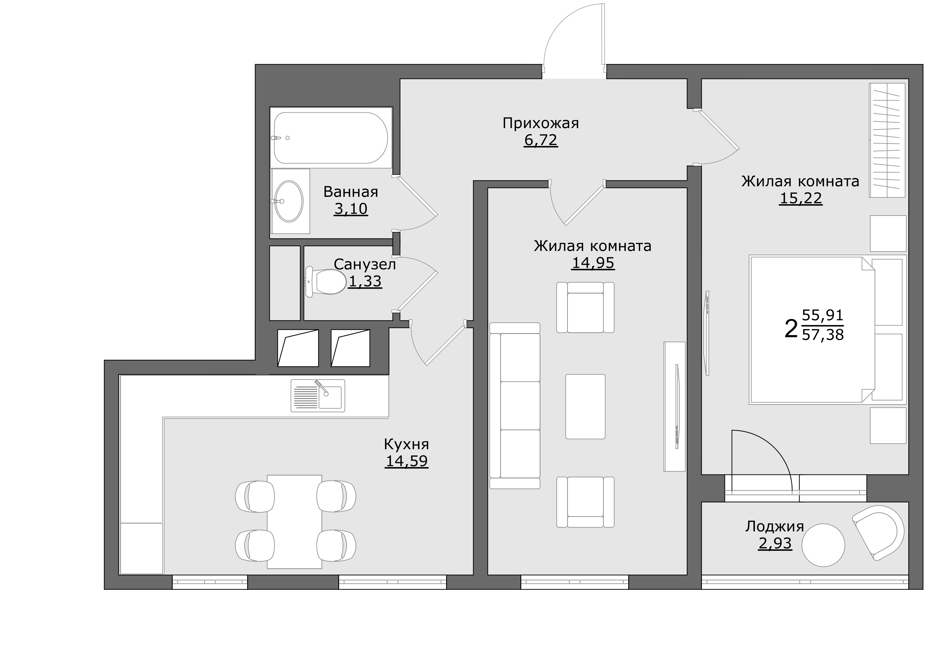 3 комн. квартира, 57.4 м², 9 этаж 