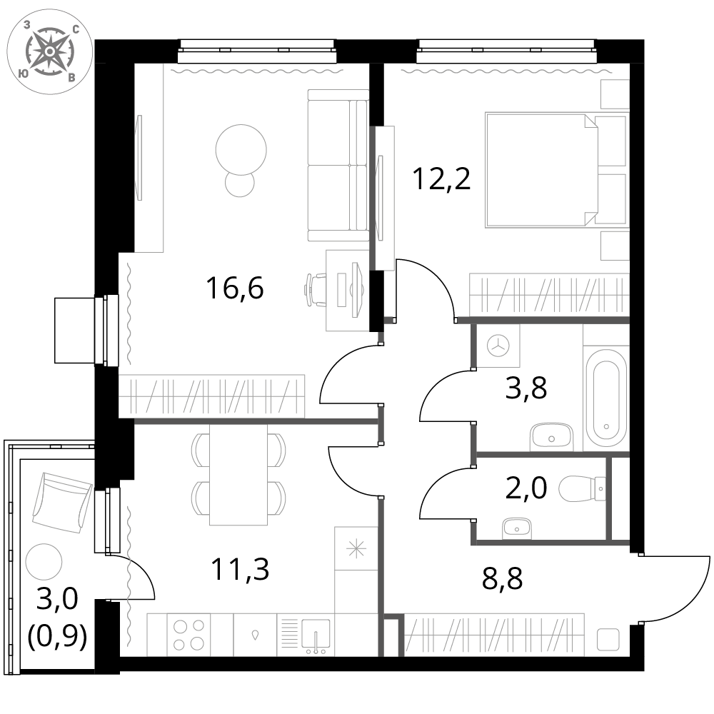 2 комн. квартира, 55.6 м², 7 этаж 