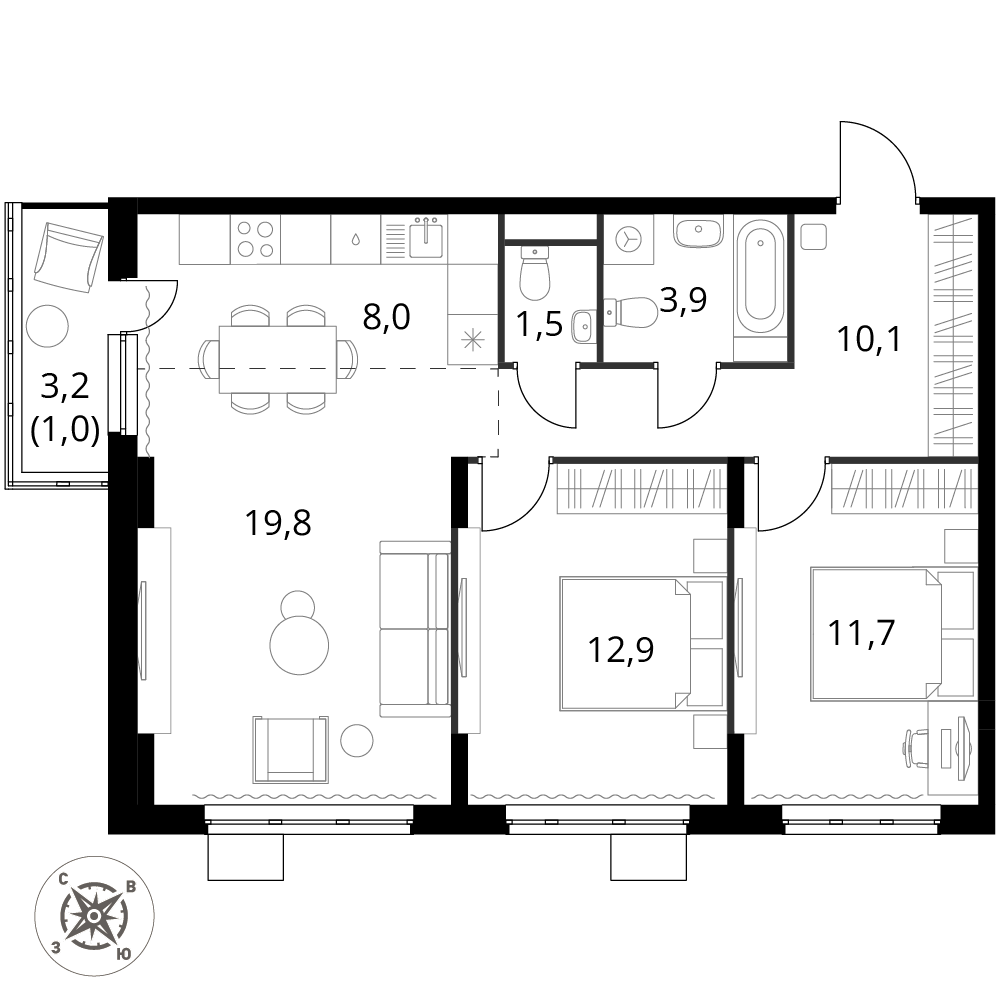 3 комн. квартира, 68.9 м², 9 этаж 