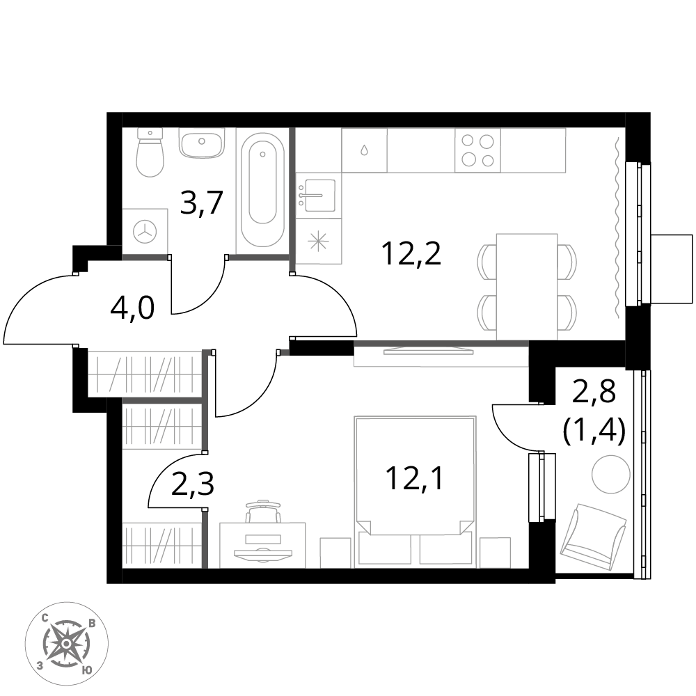 1 комн. квартира, 35.7 м², 10 этаж 