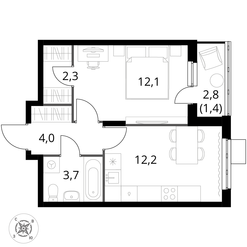 1 комн. квартира, 35.7 м², 13 этаж 