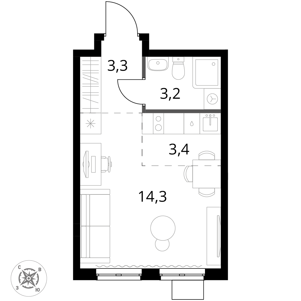 студия, 24.2 м², 14 этаж 