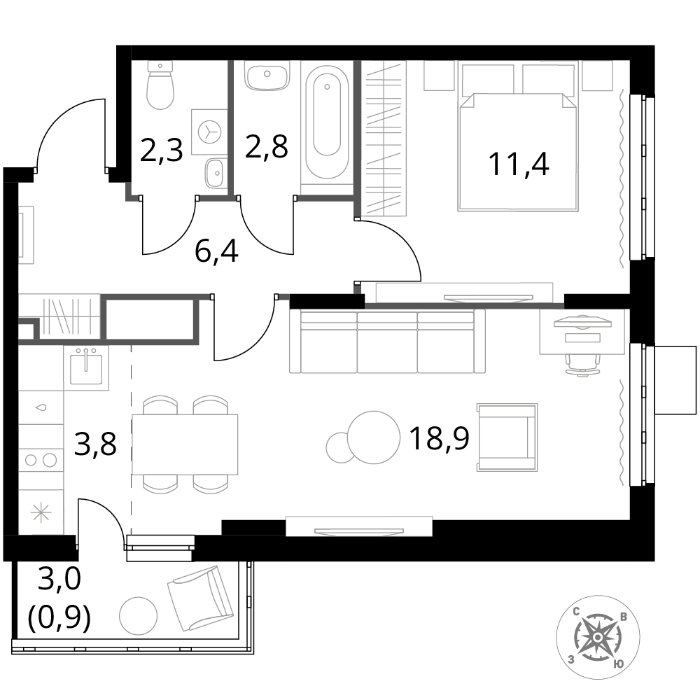 2 комн. квартира, 46.5 м², 15 этаж 