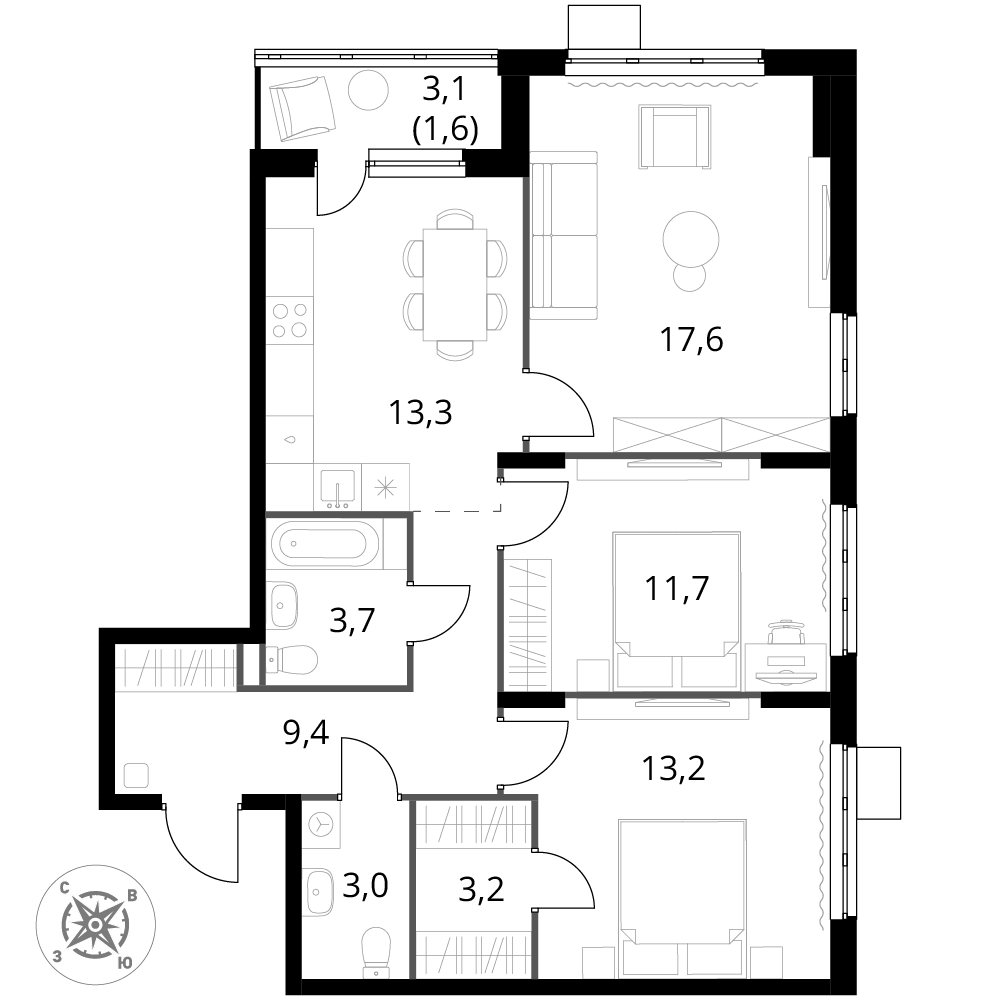 3 комн. квартира, 76.7 м², 19 этаж 