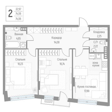 2 комн. квартира, 74.1 м², 3 этаж 