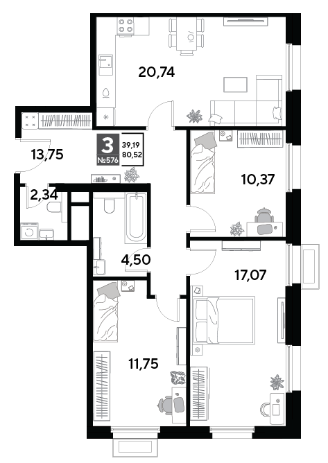 3 комн. квартира, 80.5 м², 25 этаж 