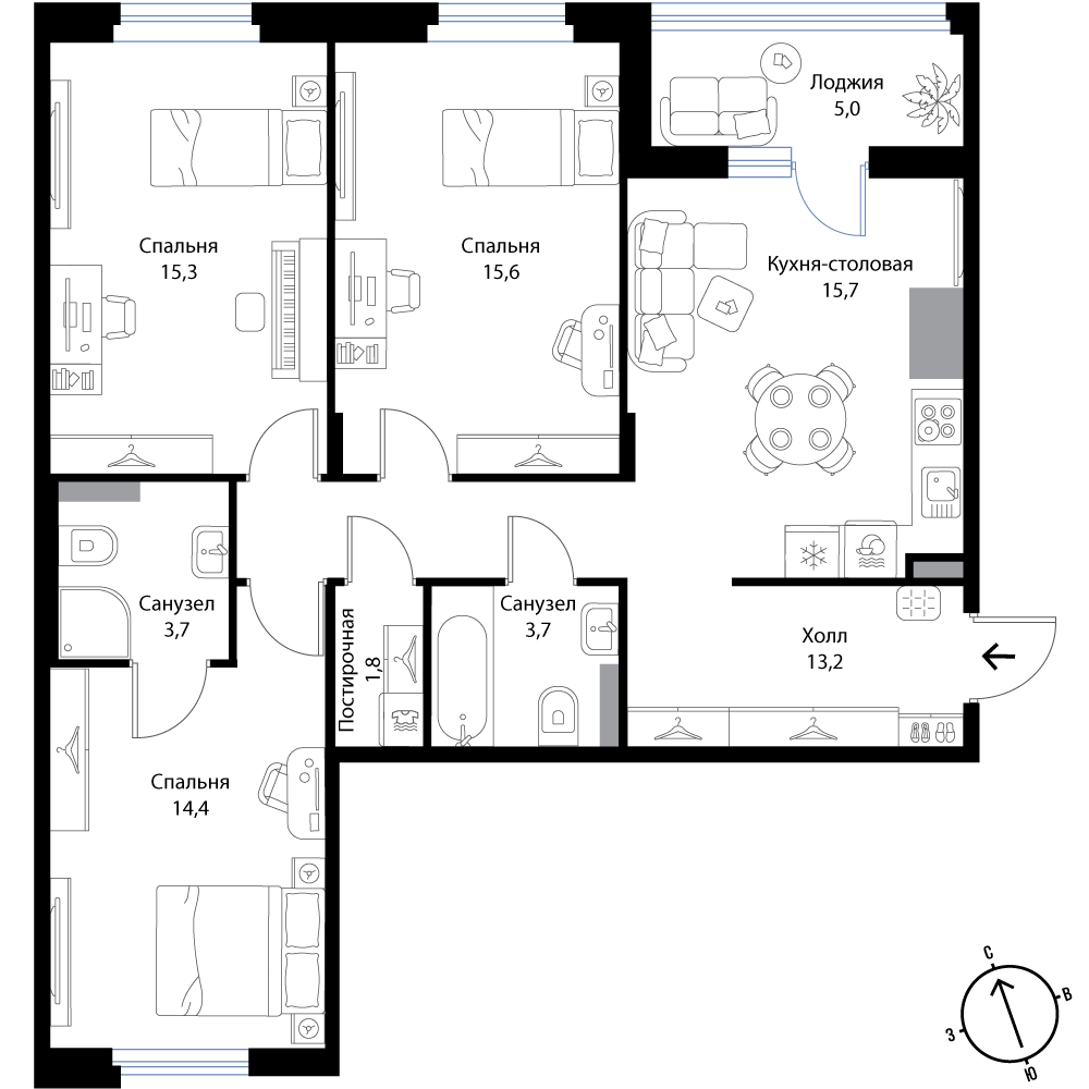 3 комн. квартира, 85.9 м², 2 этаж 