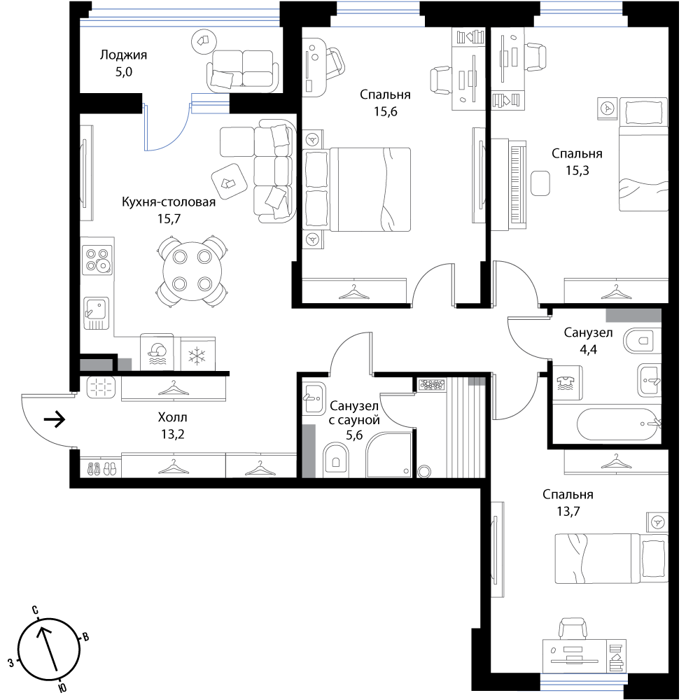 3 комн. квартира, 86 м², 2 этаж 