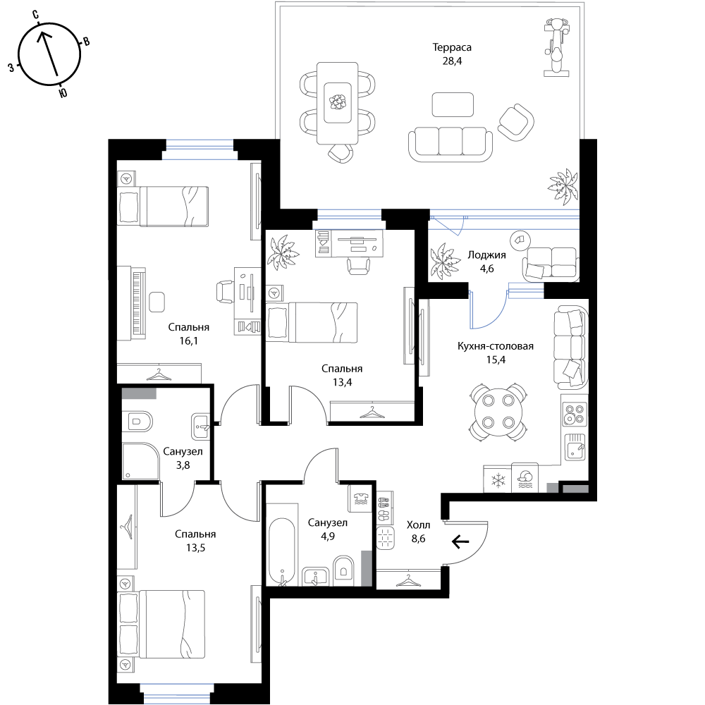 3 комн. квартира, 86.5 м², 1 этаж 