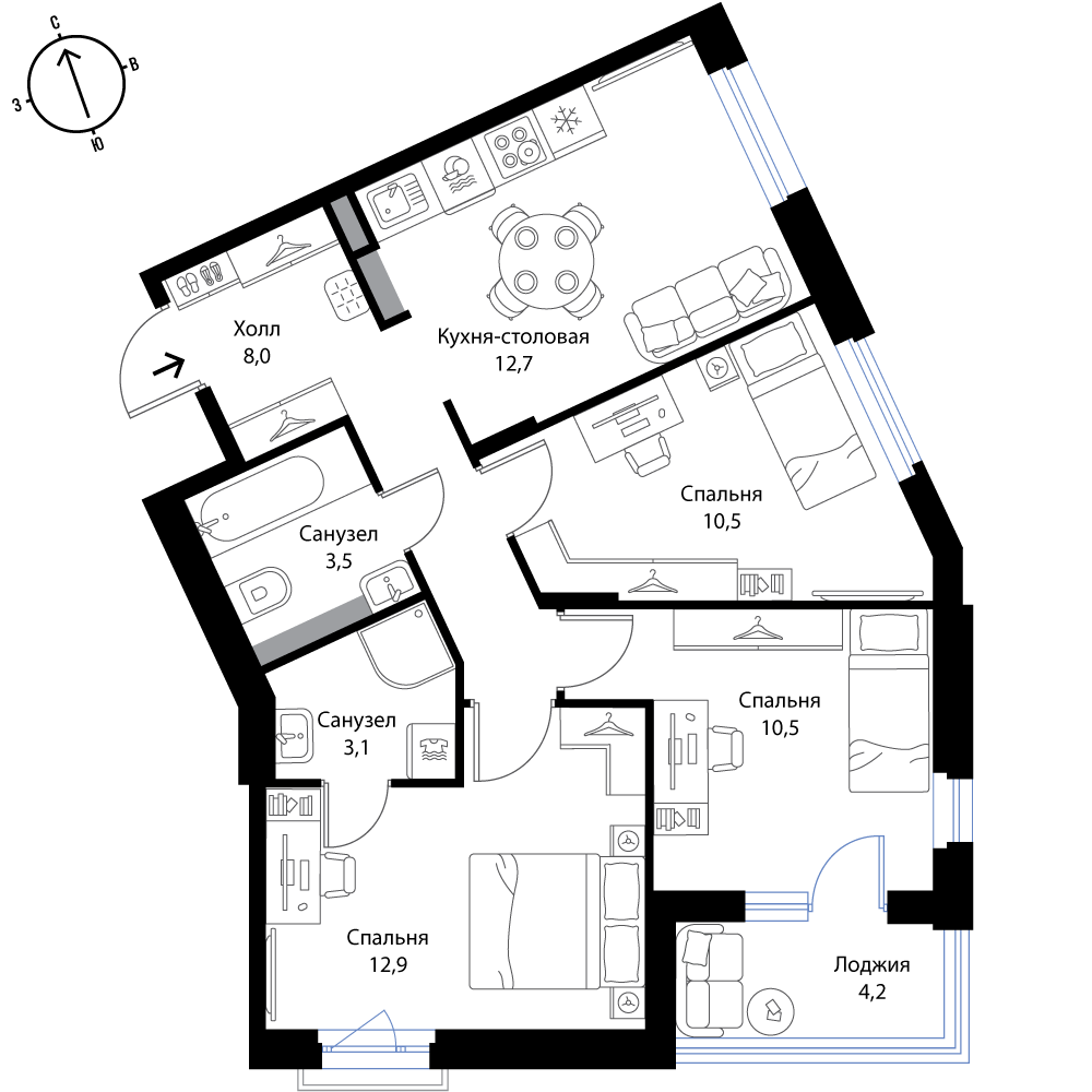 3 комн. квартира, 63.3 м², 3 этаж 