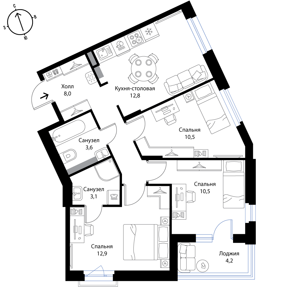 3 комн. квартира, 63.5 м², 2 этаж 