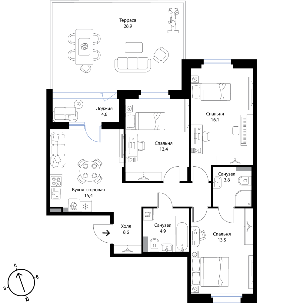 3 комн. квартира, 86.7 м², 1 этаж 
