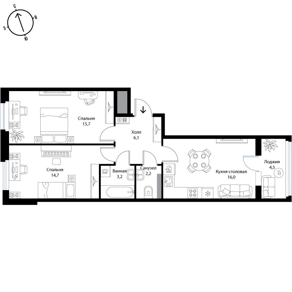 2 комн. квартира, 60.2 м², 2 этаж 