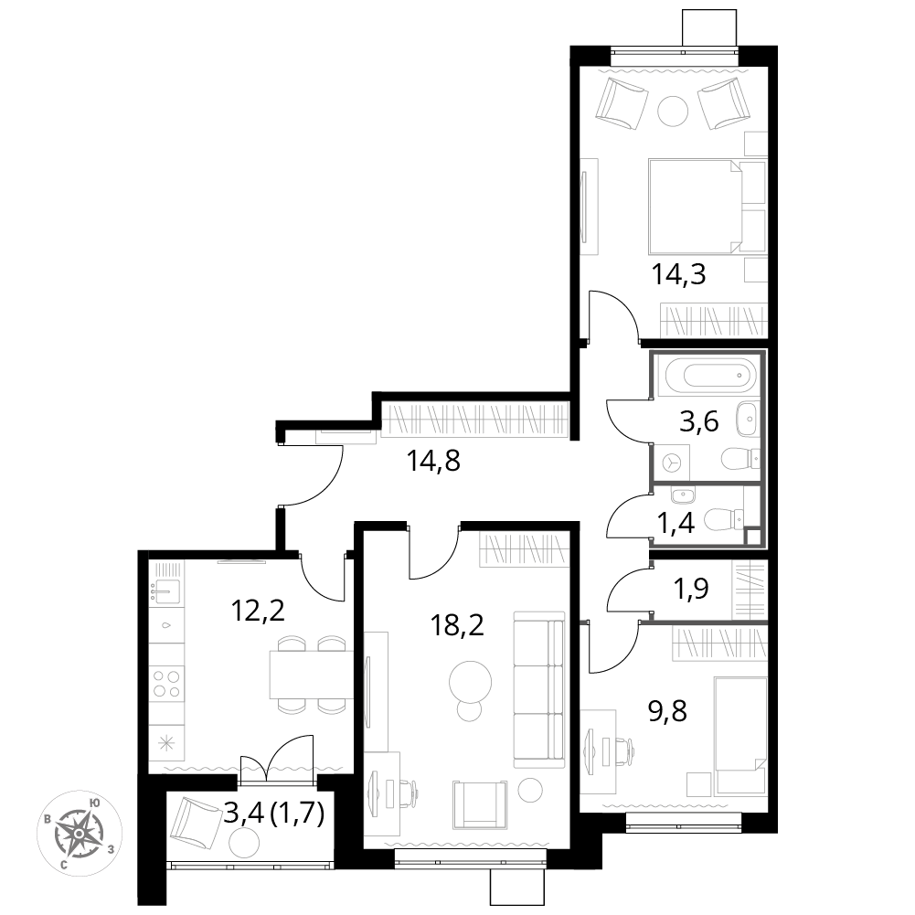 3 комн. квартира, 77.8 м², 24 этаж 