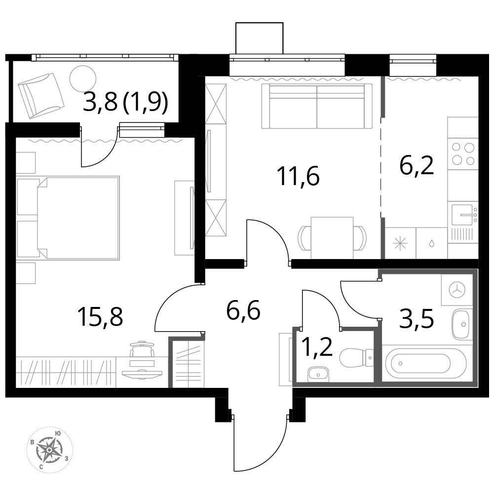 2 комн. квартира, 46.8 м², 5 этаж 