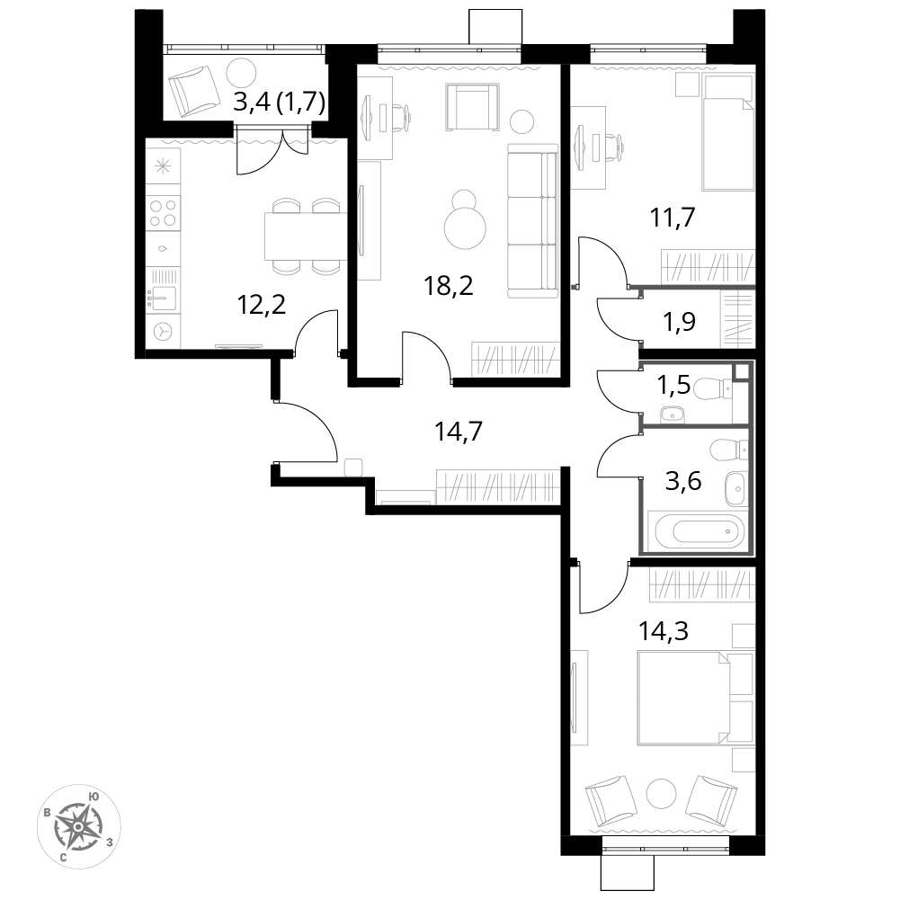 3 комн. квартира, 79.6 м², 21 этаж 