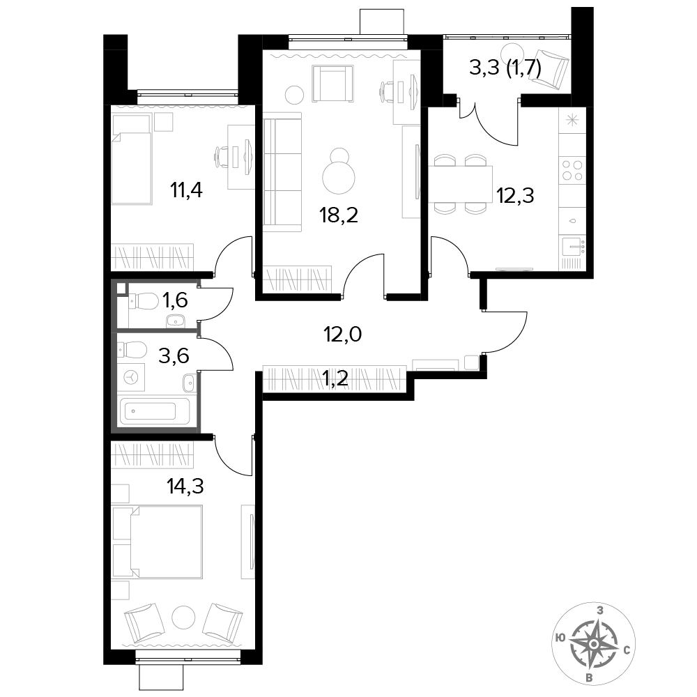 3 комн. квартира, 76.3 м², 15 этаж 
