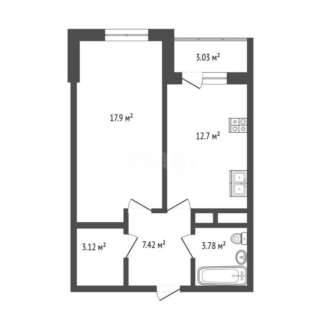 1 комн. квартира, 44.6 м², 12 этаж 