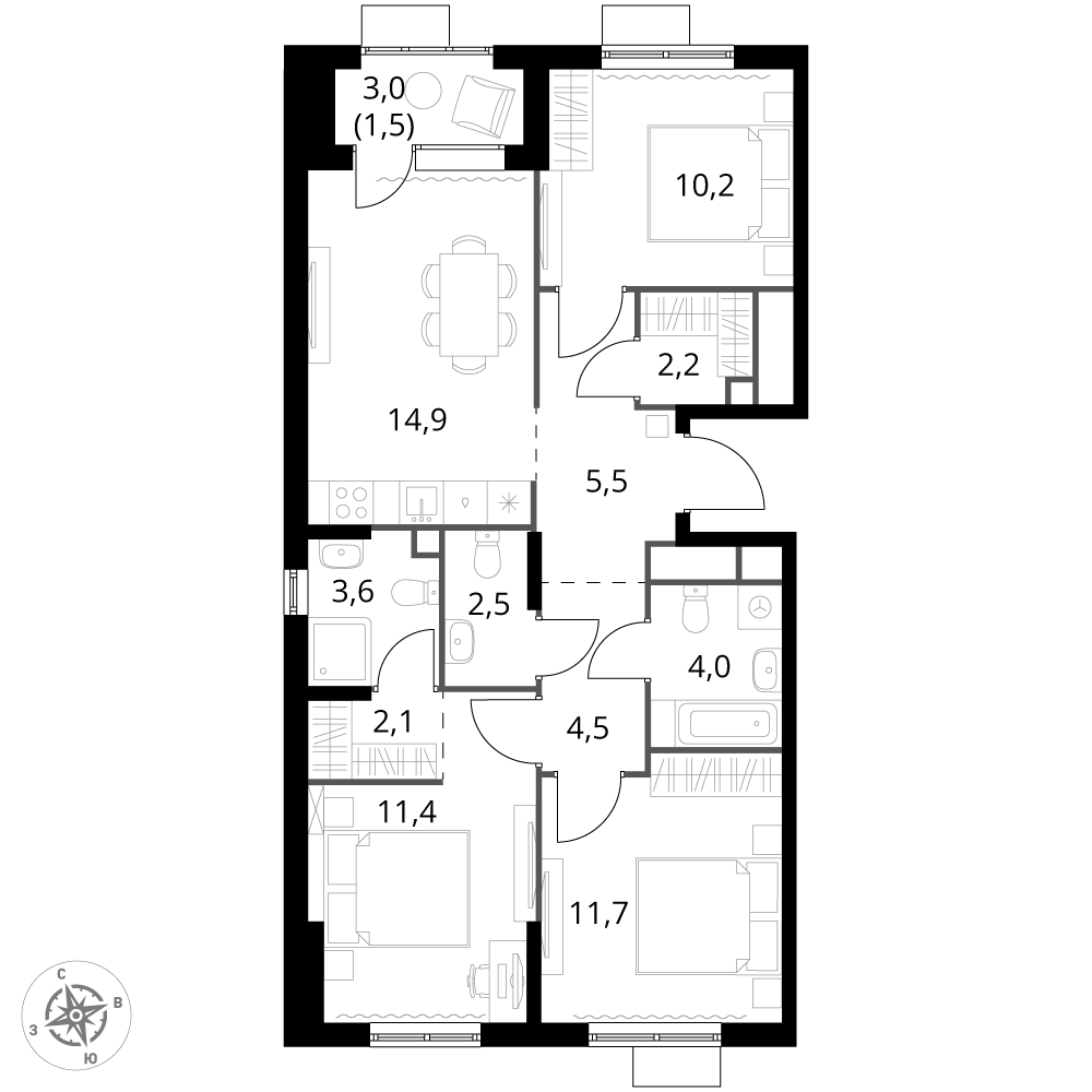 3 комн. квартира, 74.1 м², 11 этаж 
