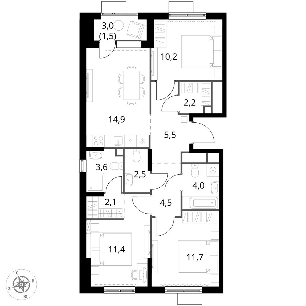 3 комн. квартира, 74.1 м², 12 этаж 