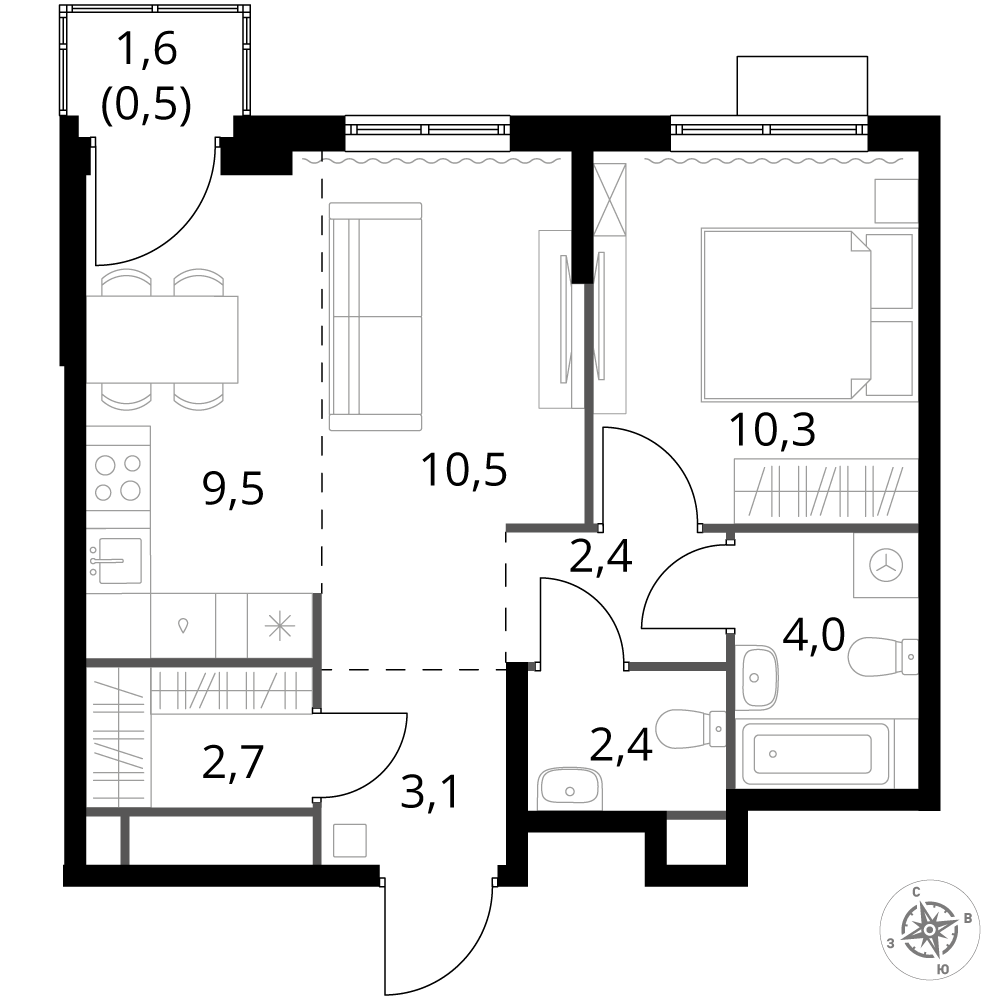 2 комн. квартира, 45.4 м², 13 этаж 