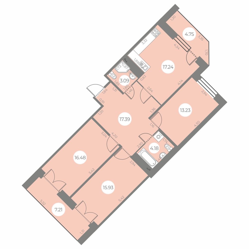 3 комн. квартира, 93.5 м², 3 этаж 