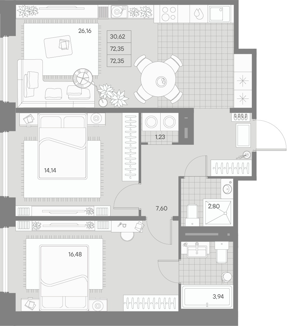 2 комн. квартира, 72.4 м², 7 этаж 