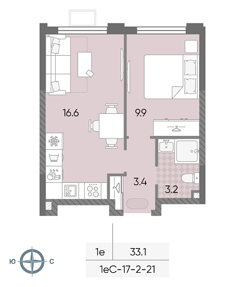 студия, 33.1 м², 2 этаж 