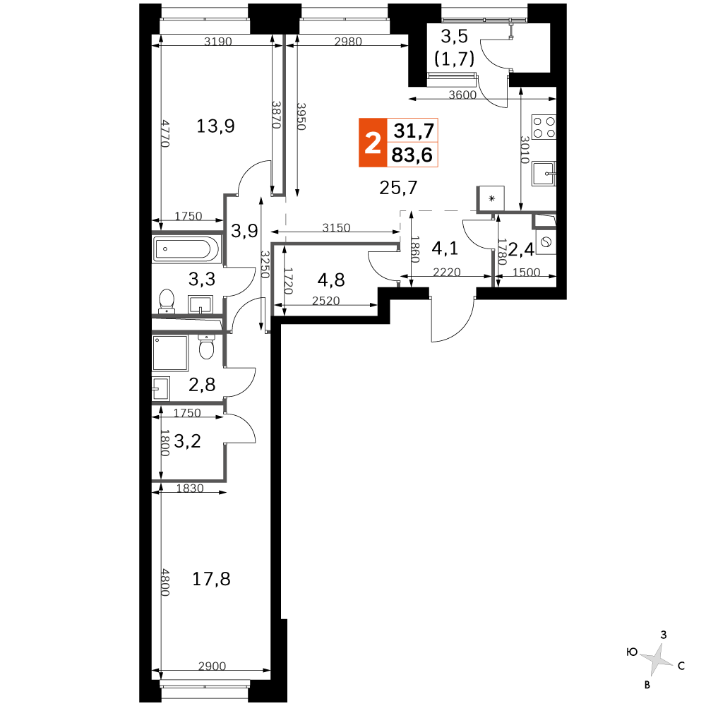 3 комн. квартира, 83.8 м², 18 этаж 
