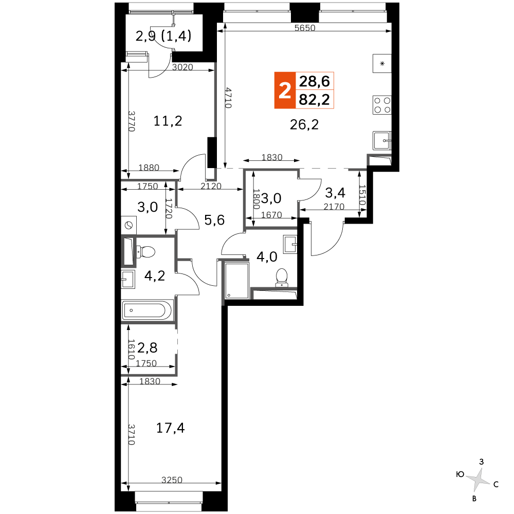 3 комн. квартира, 82.2 м², 9 этаж 