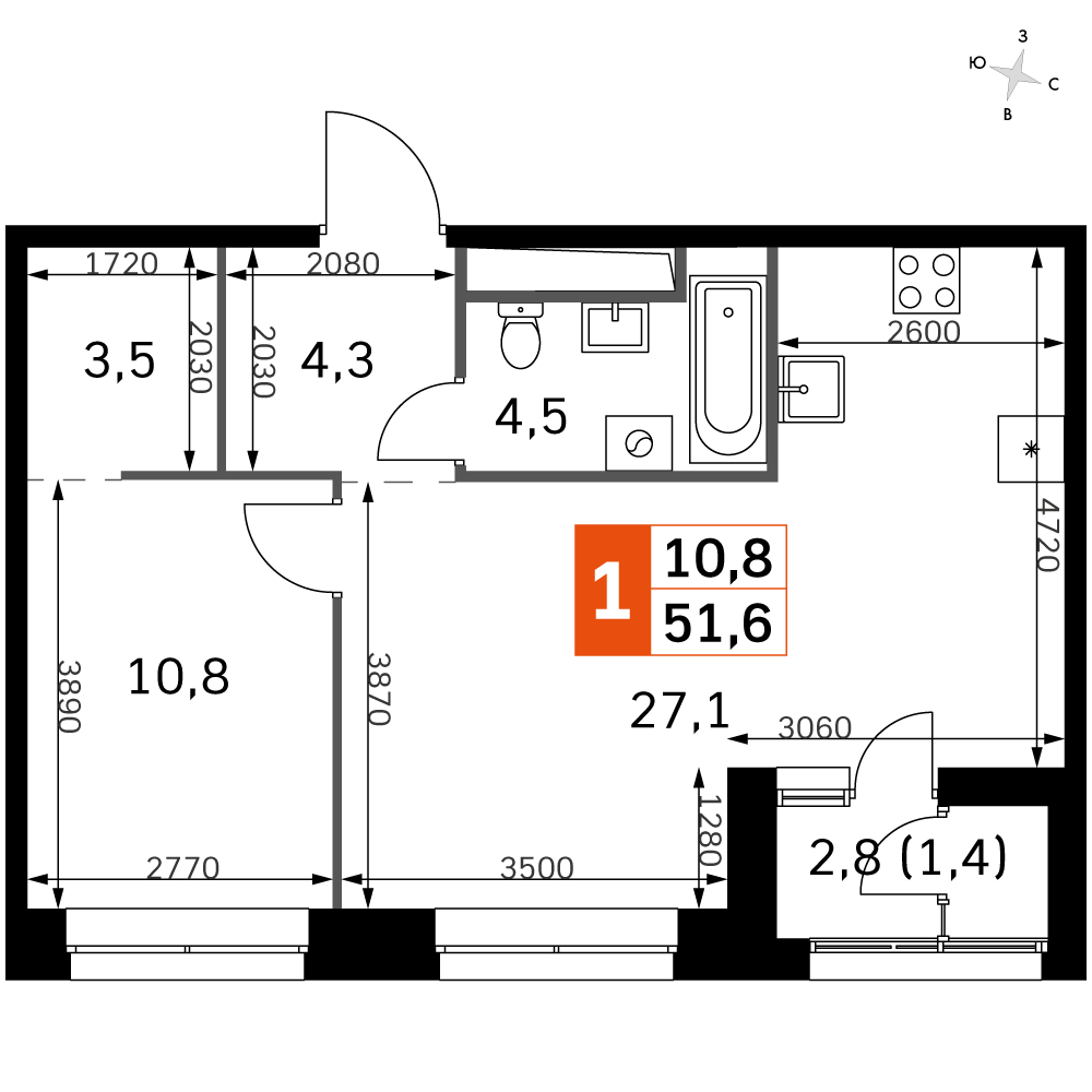 1 комн. квартира, 51.9 м², 28 этаж 