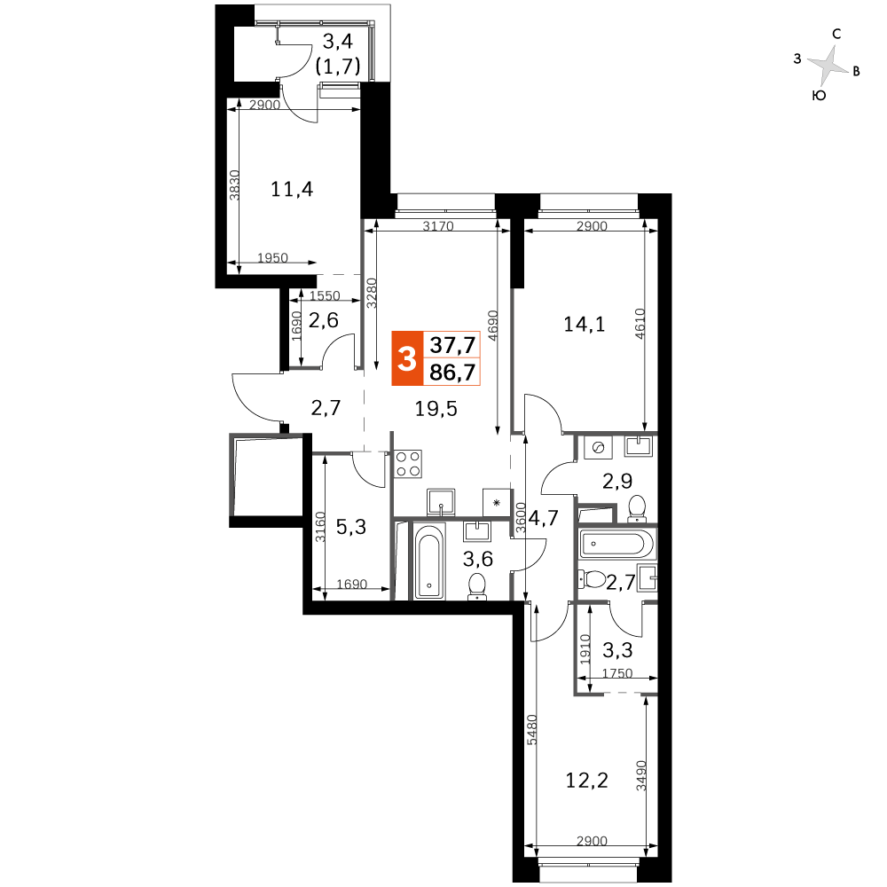 3 комн. квартира, 87.5 м², 23 этаж 