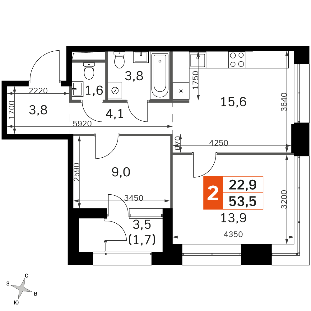 2 комн. квартира, 53.4 м², 11 этаж 