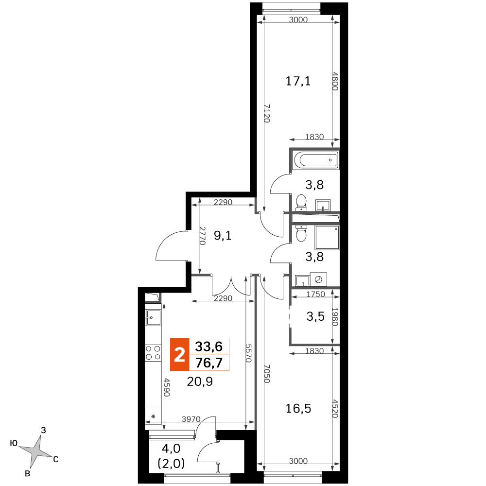 2 комн. квартира, 76.6 м², 32 этаж 