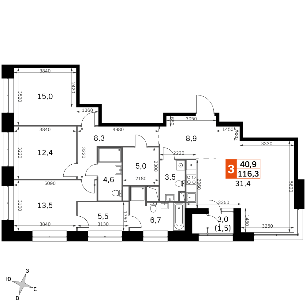 4 комн. квартира, 116.4 м², 40 этаж 