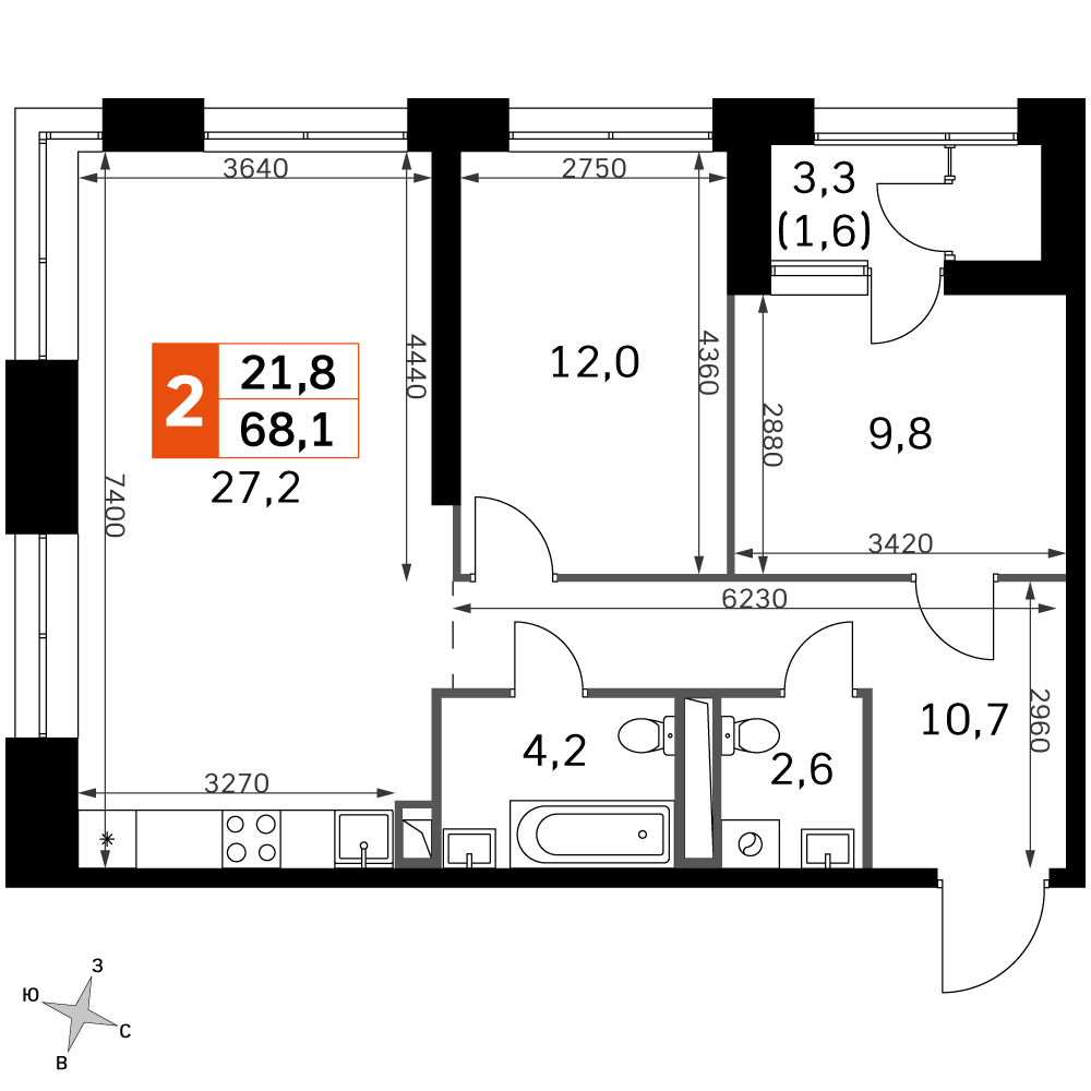 2 комн. квартира, 68.2 м², 40 этаж 